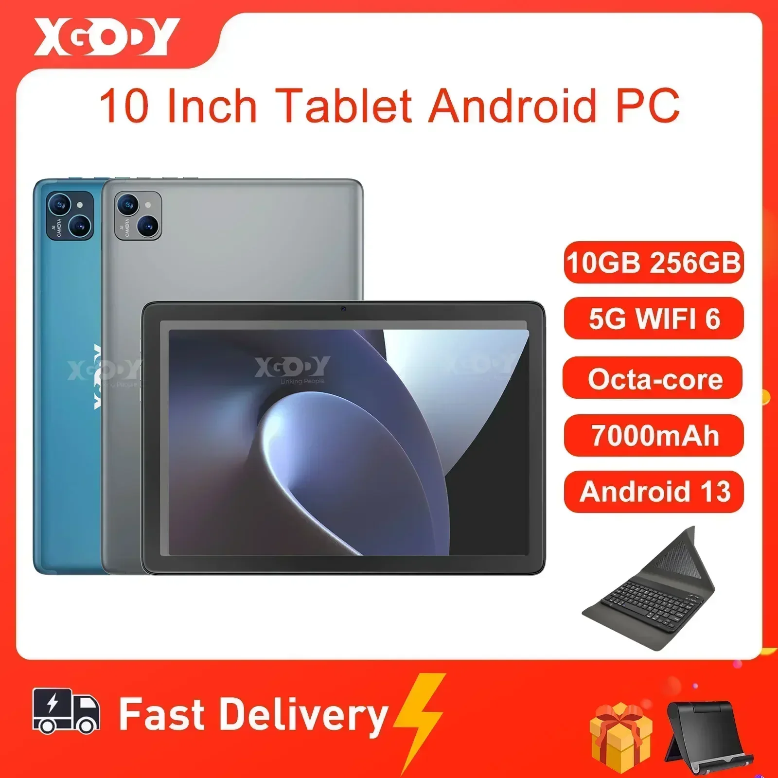 Xgody-Androidタブレット,オクタコア,IPS画面,10GB, 256GB,5g,wifi,bluetooth,type-c,7000mahキーボード付きタブレット,10インチ