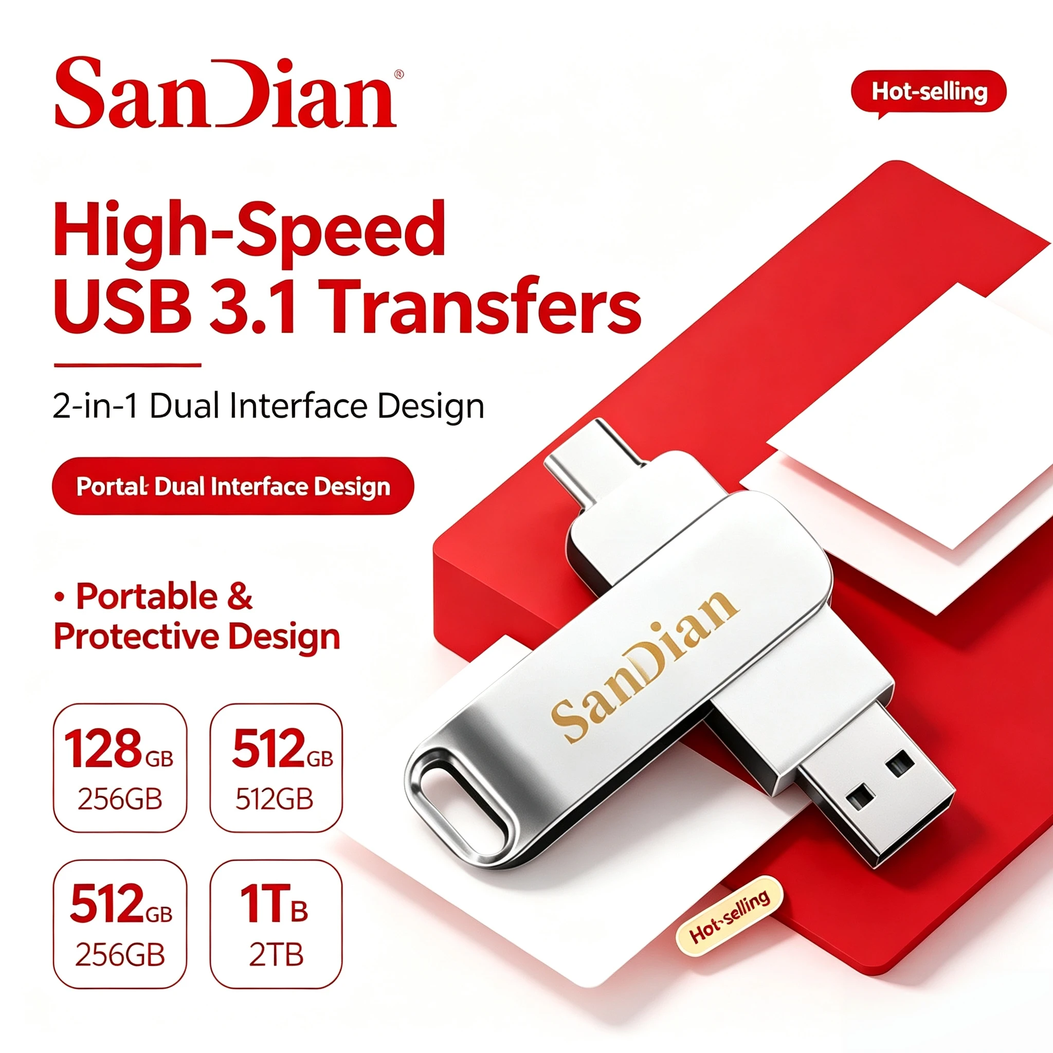 Flash Drive 512GB High Speed USB 3.1 Dual Connector Type-C USB-A 150MB/s Metal Pendrive for Phone PC Laptop File Transfer