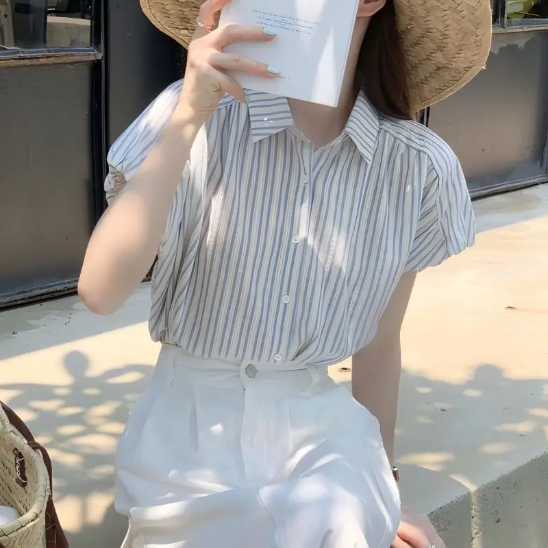 CGC Korean Fashion Stripe Short Sleeved Shirt Casual Turn-Down Blouse Spring Autumn Female Tops Single Breasted Casual Blouses