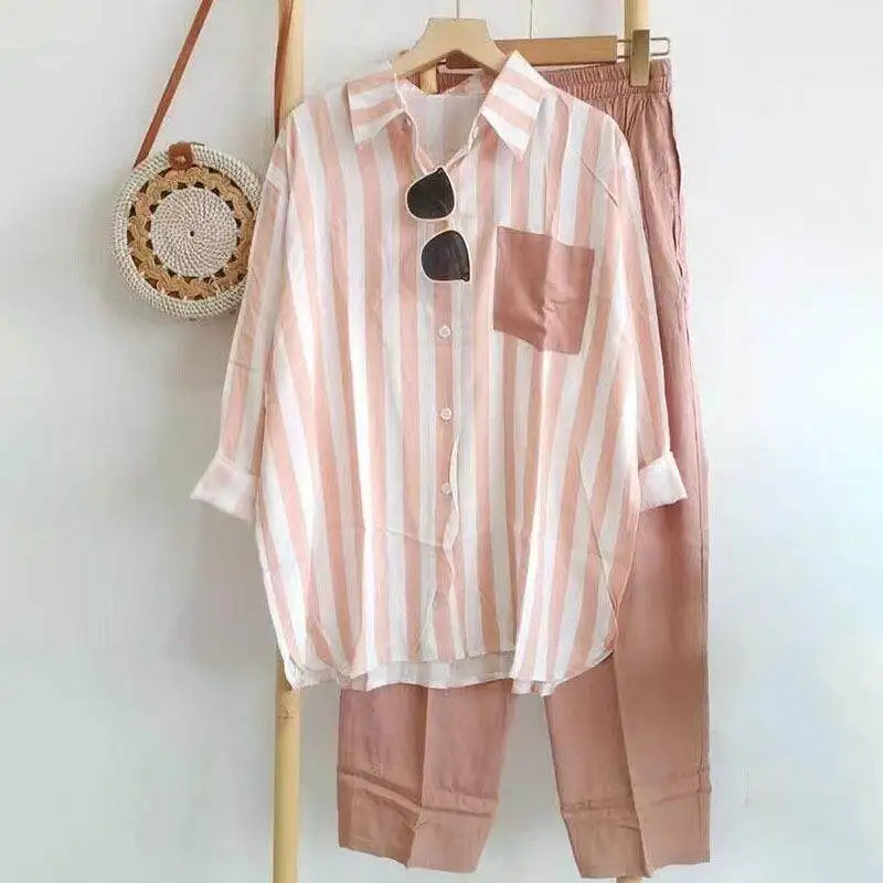 Fashionable Stripe Sportswear Set Long Sleeve Casual Leisure Age-Defying Spring Summer Cross-Border PVC Material Commute Style