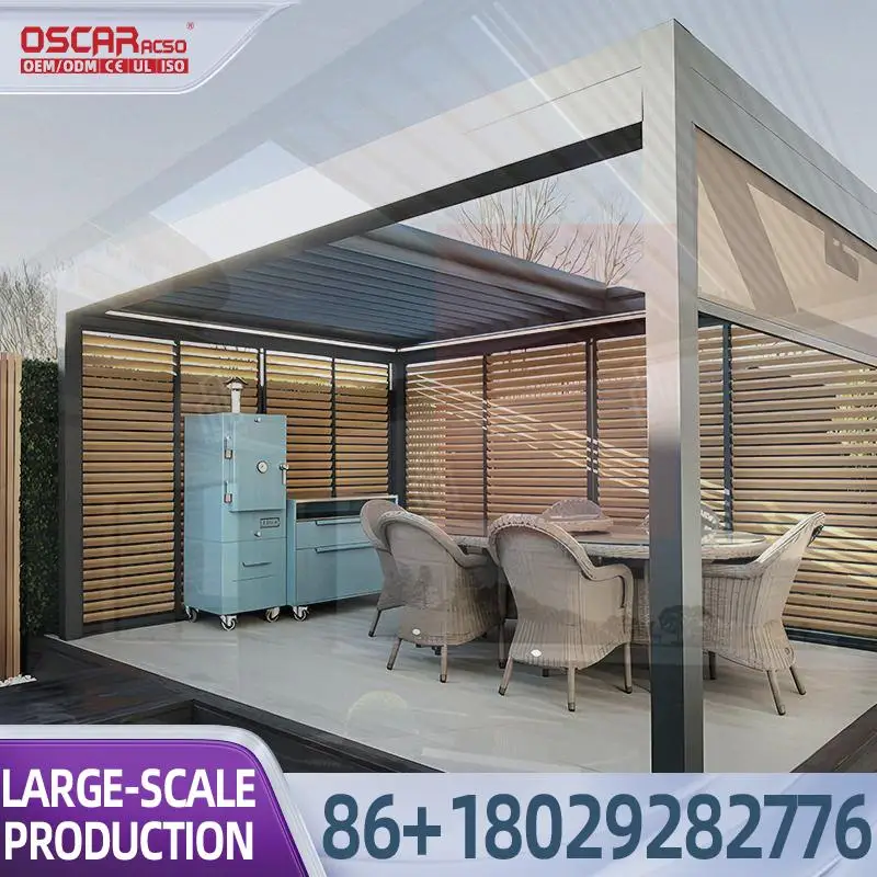 Rainproof Electric Bioclimatic Aluminum Pergola Gazebo for Deck Yard Terrace Powder Coated Imitated Wood pergola