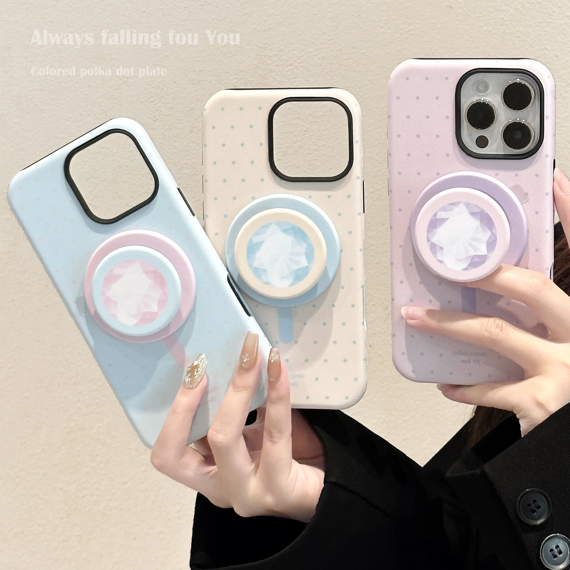 Korean Polka Dots With Bracket Magnetic Phone Case for iPhone 17 Air 16 15 14 Plus 13 12 Mini 11 Pro Max Shockproof Hard Cover view 3