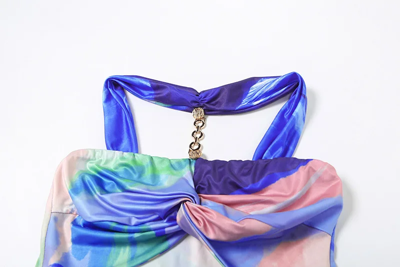 Bangniweigou fantazyjny kolorowy nadruk 2025 wiosna lato niebieska mini obcisła sukienka odzież damska moda seksowna sukienka z dziurami na imprezę