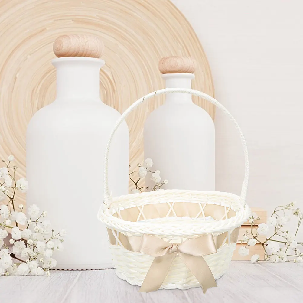 

Elegant Wedding Flower Woven Storage Basket with Handle Rustic Bridal Decorative Portable Picnic Gift Baskets for Baby Shower