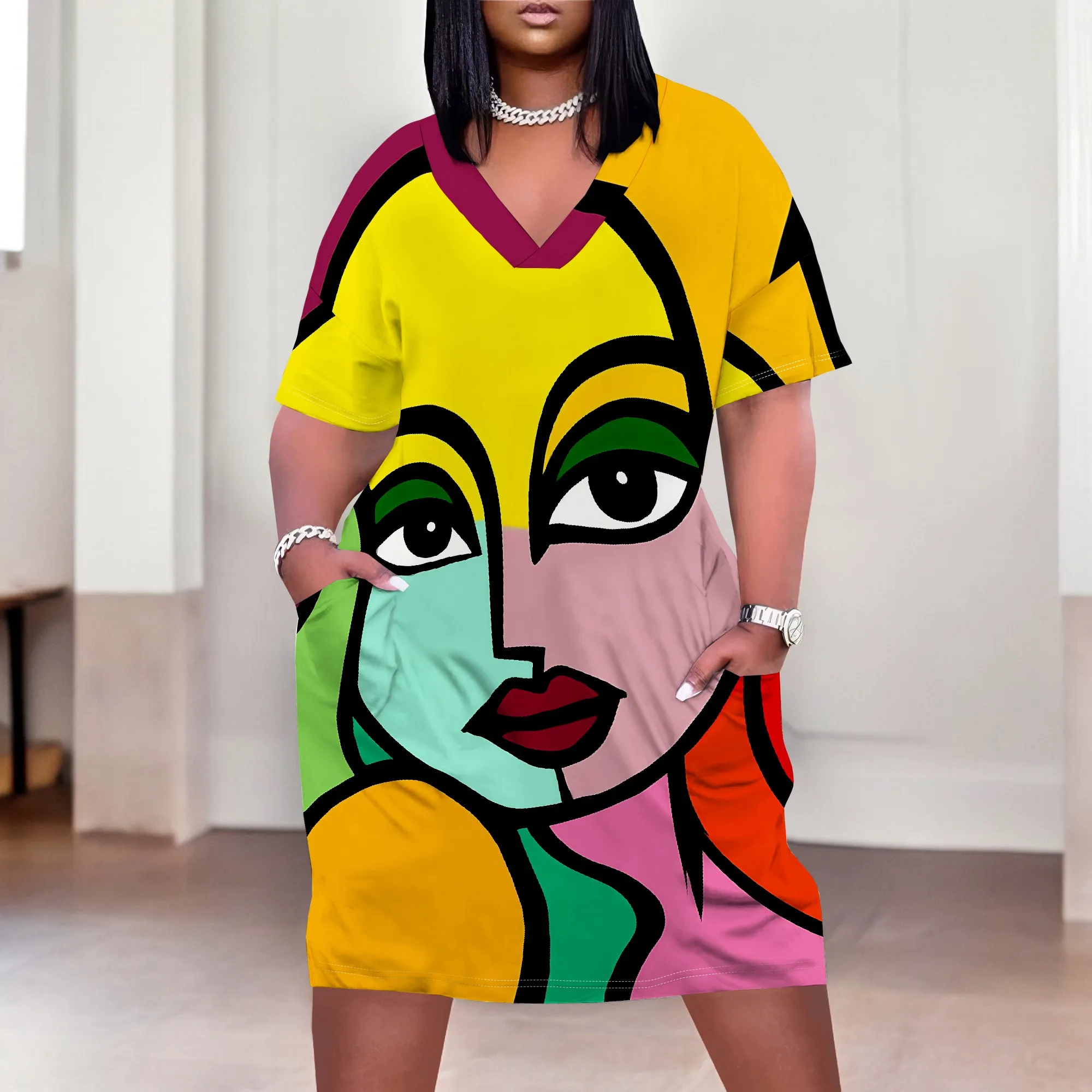 

Colorful Abstract Face Print T-Shirt Dress XL-6XL V-Neck for Art Festival, Streetwear or Casual Summer Look