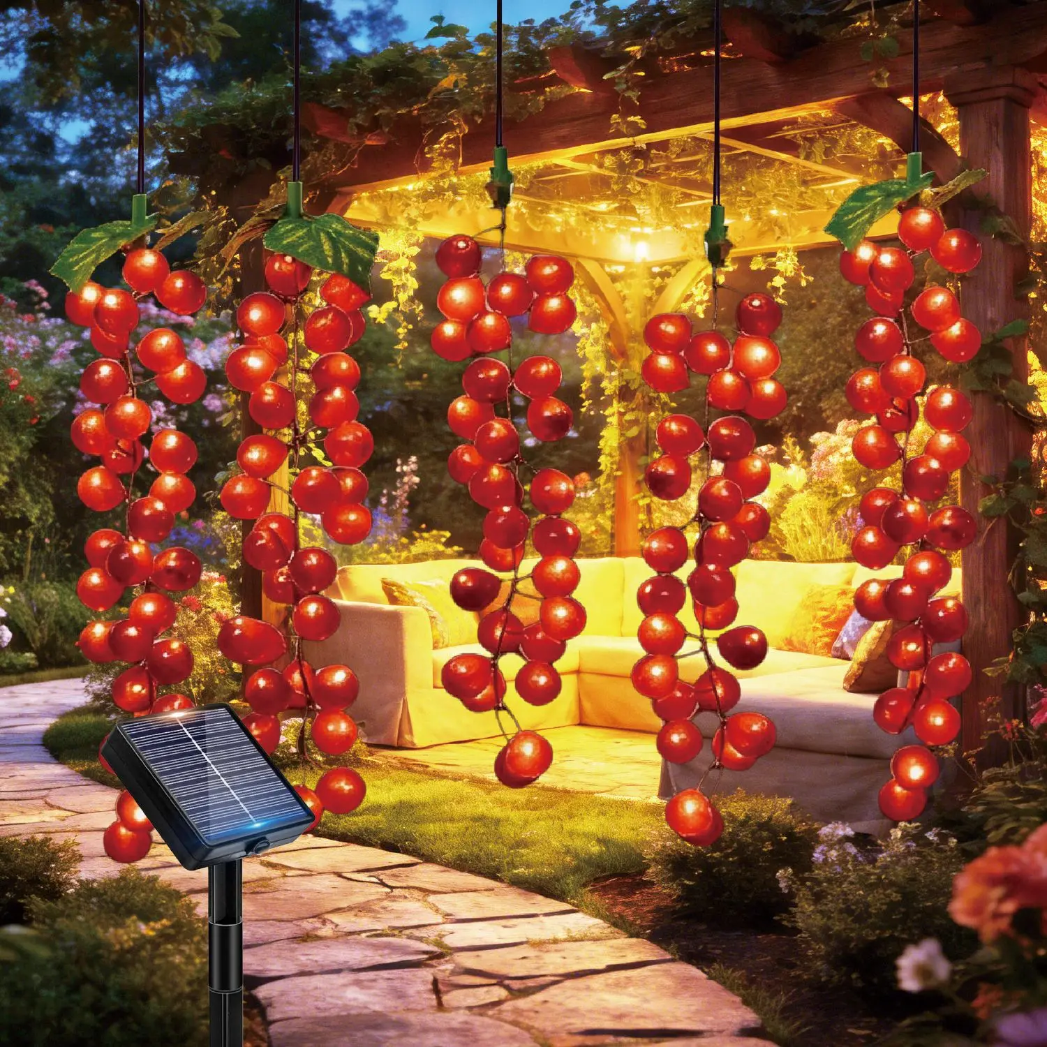 LED Vineyard Style Garland Solar Powered Realistic Grapes Fairy Light for Botanical Party Wedding Christmas Gazebo Ornament Gift