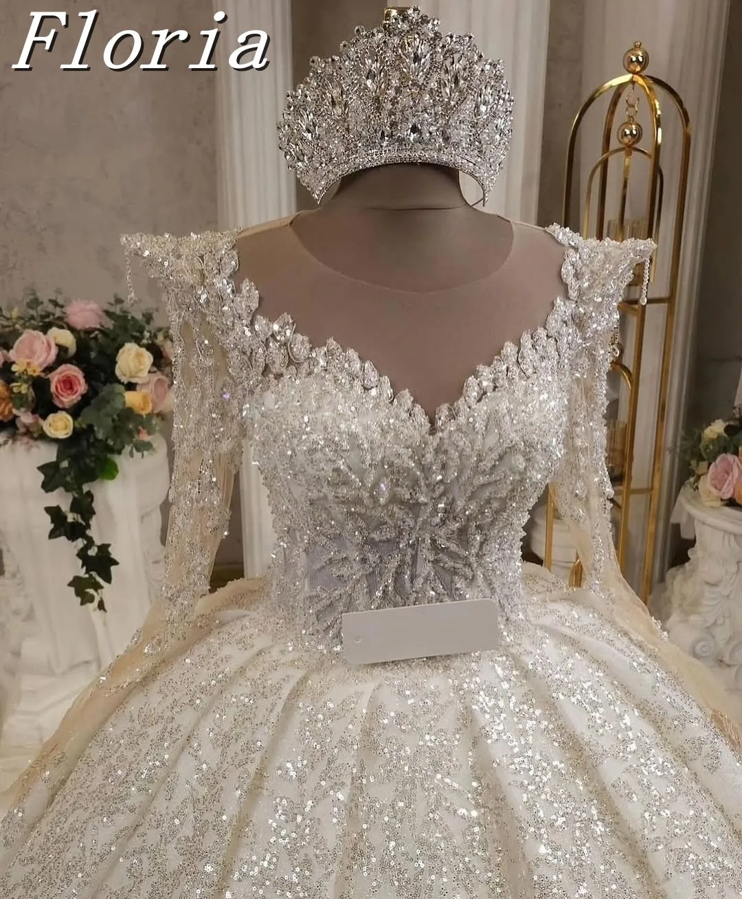

Muslim Luxury Long Sleeves Wedding Dress Classic Sparkly Sequin Bridal Dresses With Sweep Train A-Line Vestidos De Novia