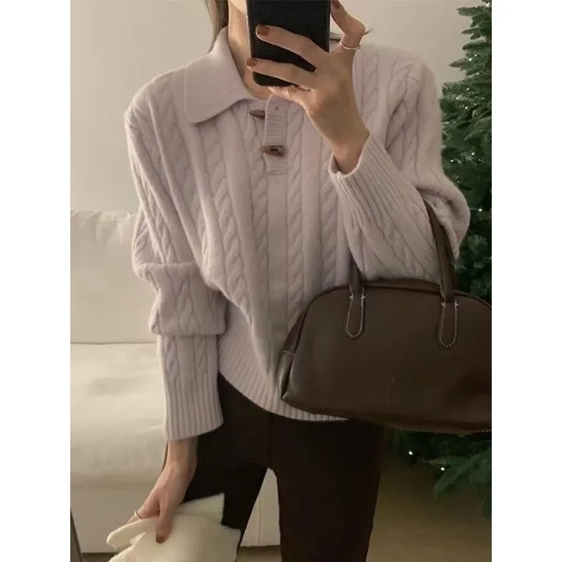 Французский новый стиль, простой пуловер в пригородном стиле, осень-зима, темпераментный свитер на пуговицах с поворотным рогом, корейская версия