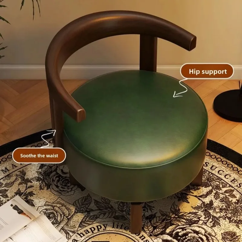 Retro style solid wood swivel low chair, leather soft pack leisure chair, solid wood swivel low stool, living room low chair