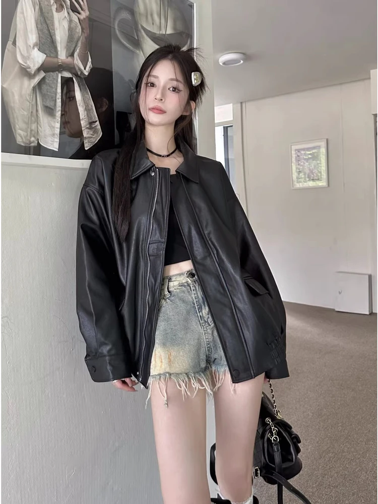 الرجعية الأمريكية براون الجلود Jaet المرأة فضفاضة طويلة Sve Bla بارد دراجة نارية بو الجلود أعلى الشارع Sle تخفيف الرياح