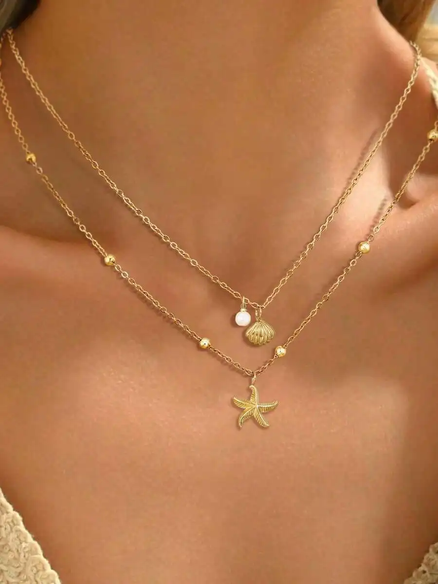 2pcs Seashell Necklace Set For Women Adjustable Starfish Seashell Faux Pearl Pendant Necklace Jewelry For Summer Beach Holiday E