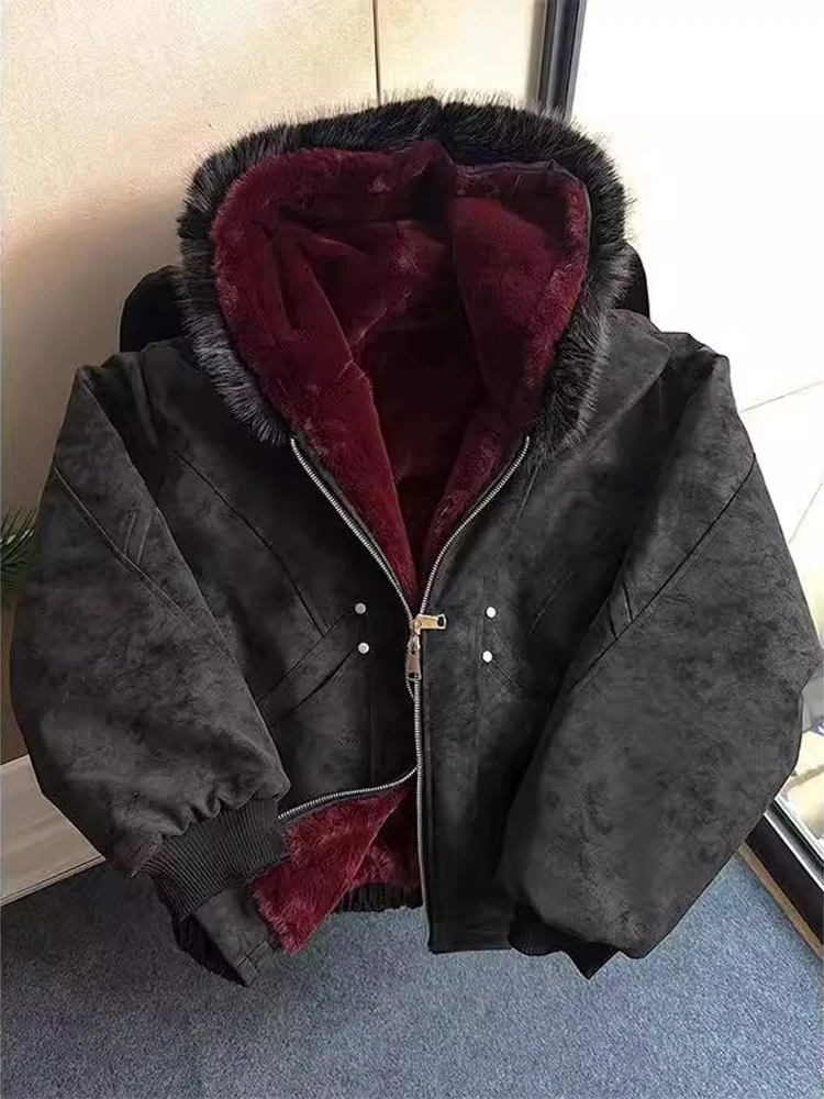 

Thickened Short Cotton Jacket with Fur Collar And Hood PU Leather Men's Winter Coat Warm Standard Fit Long Sleeve Zipper Closure