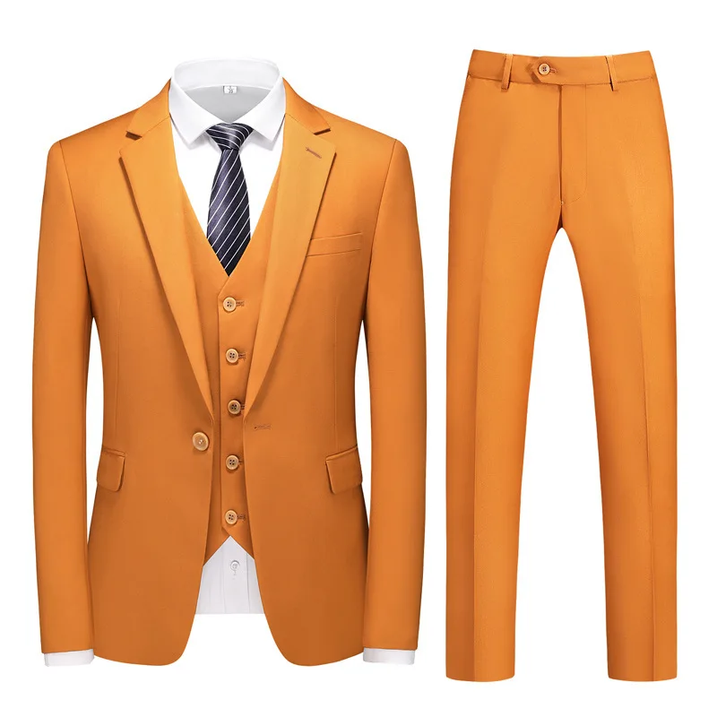 Europe and The United States New Men's Business Retro Senior Suit Set of Three One Button Double Split Elastic Waist Slim Suit.
