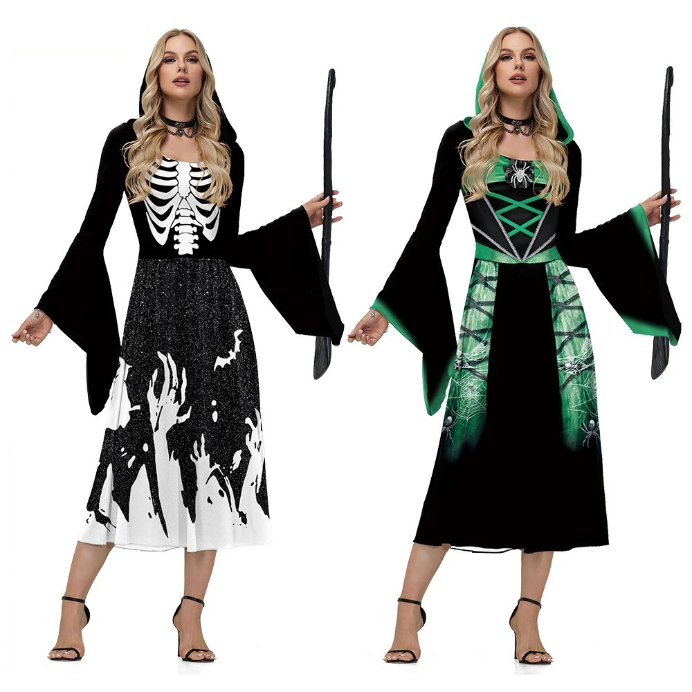 

Spider Skeleton Halloween Dresses Flared Sleeve Hooded Robe Fancy Cosplay Clothes Medieval Performance Costumes Carnival Outfits