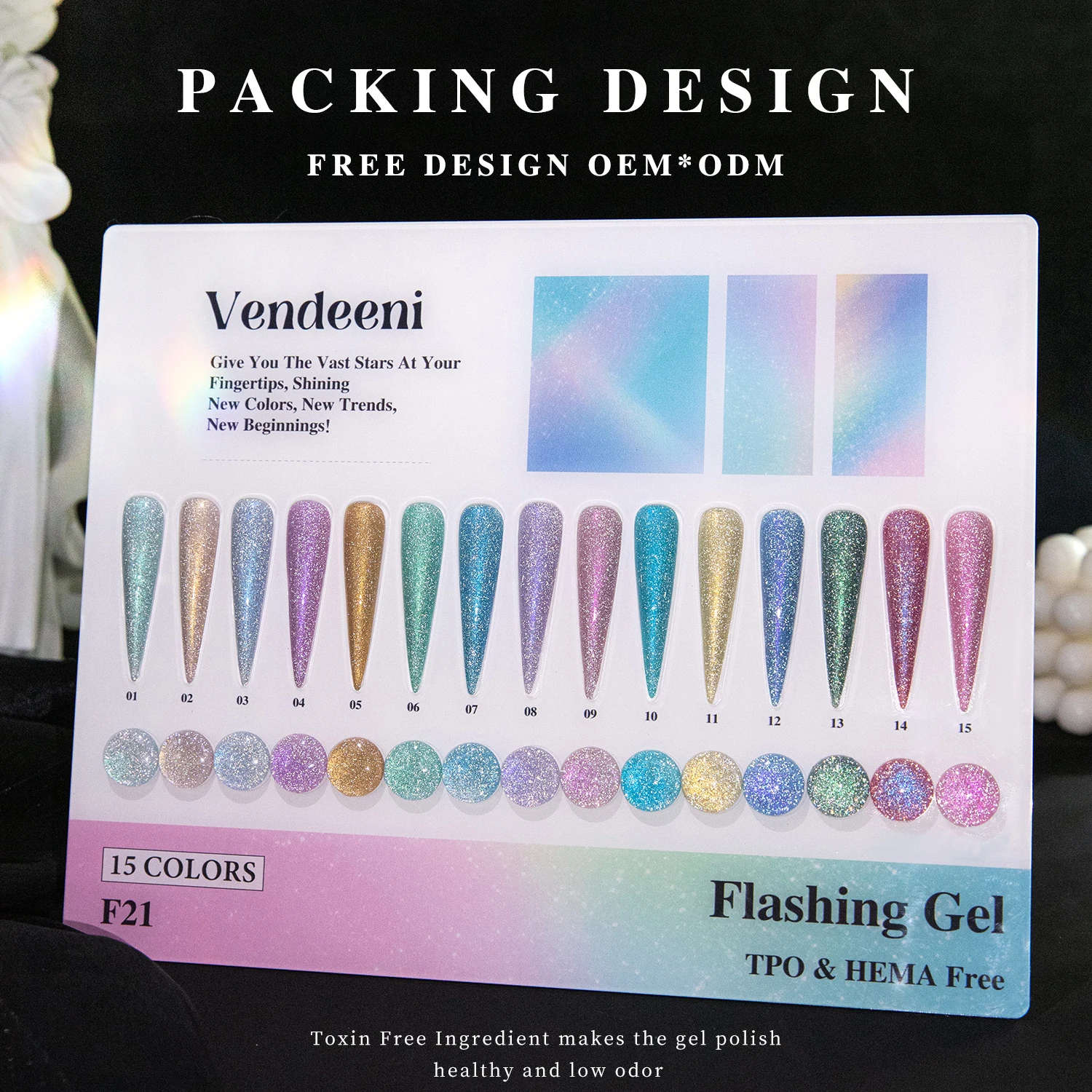 Vendeeni Vendita calda 15 colori Collezione di smalti gel da discoteca riflettenti TPO GRATUITO HEMA OEM / ODM Flash Diamond Glitter Gel Smalto per unghie