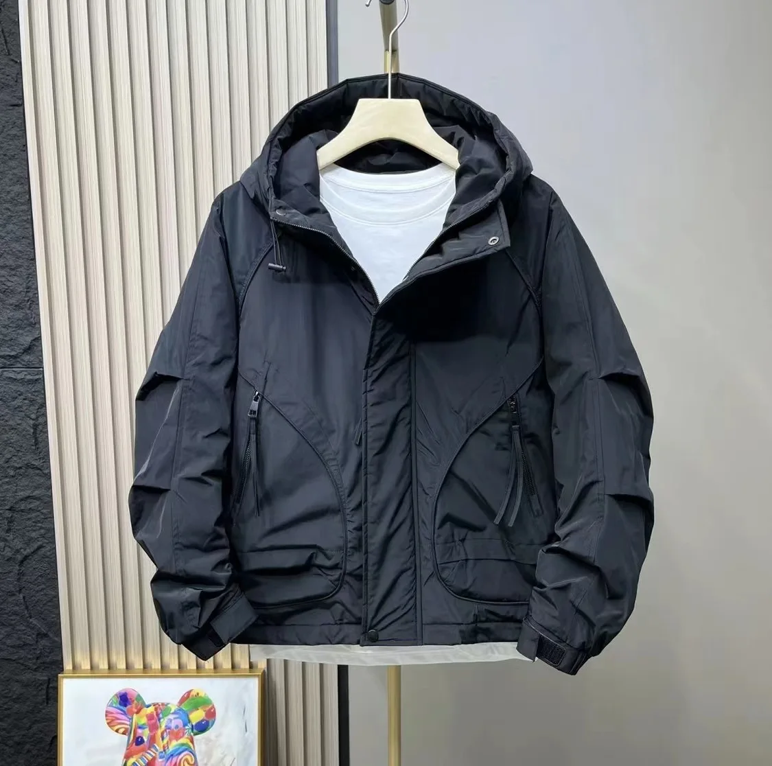 

Осень-зима, новая модная мужская однотонная черная куртка с капюшоном и длинными рукавами, мужская повседневная модная простая базовая свободная куртка