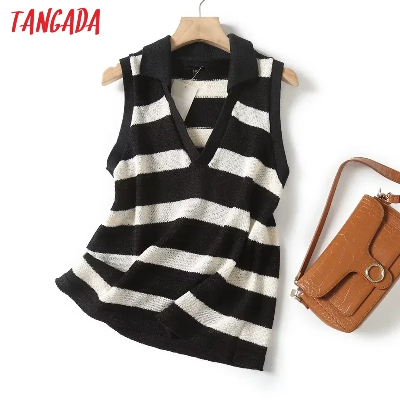 Tangada Women 2024 Fashion Striped Knitted Vest Sweater Sleeveless Female Waistcoat 4C406