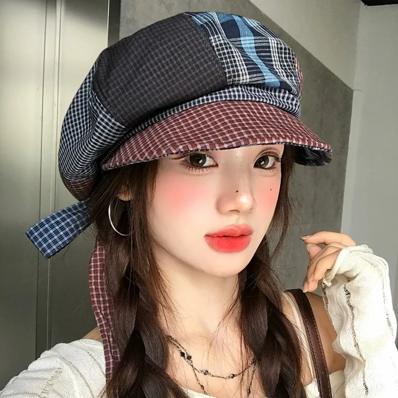 Niche Retro Contrast Splicing Octagonal Berets for Women Spring Autumn Travel Versatile Show Face Small Literary Painter Hats