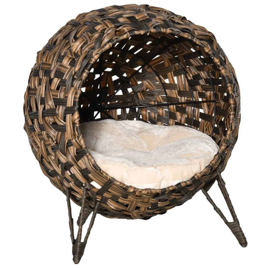 

20.5 Woven Wicker Cat Bed Elevated Hand-Woven Braided Banana Leaf Kitten House Condo with Cushion Brown