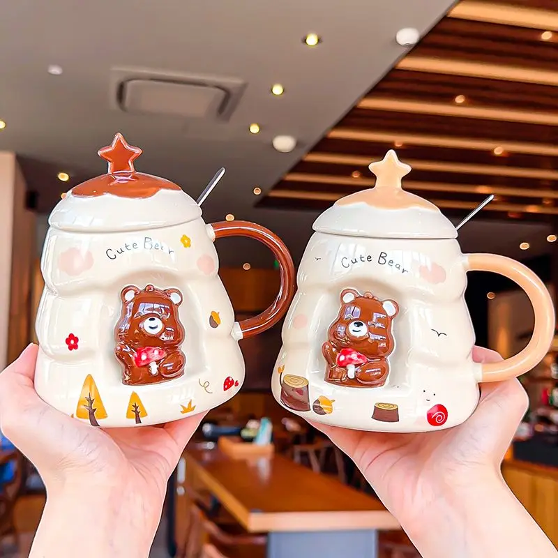 Relief Bear Ceramic Cup Cute Ceramic Mug with Lid on Hand Christmas 3D three-dimensional Mug Couple Coffee Cup Home Water Cup