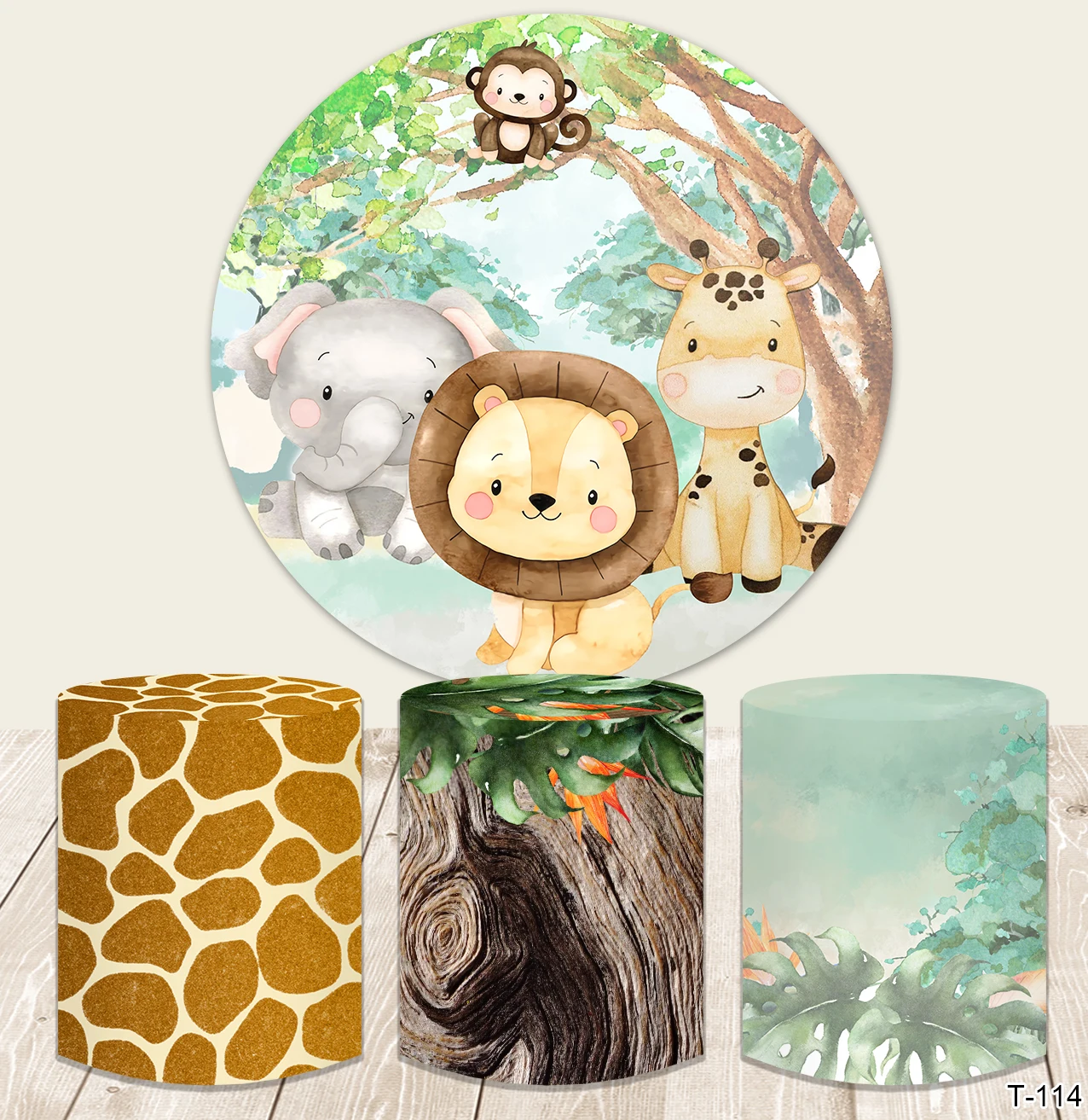 Wild One Animals Safari Jungle Party Round Backdrop Cover Boys Newborn Baby Shower 1st Birthday Party Background Cylinder Covers