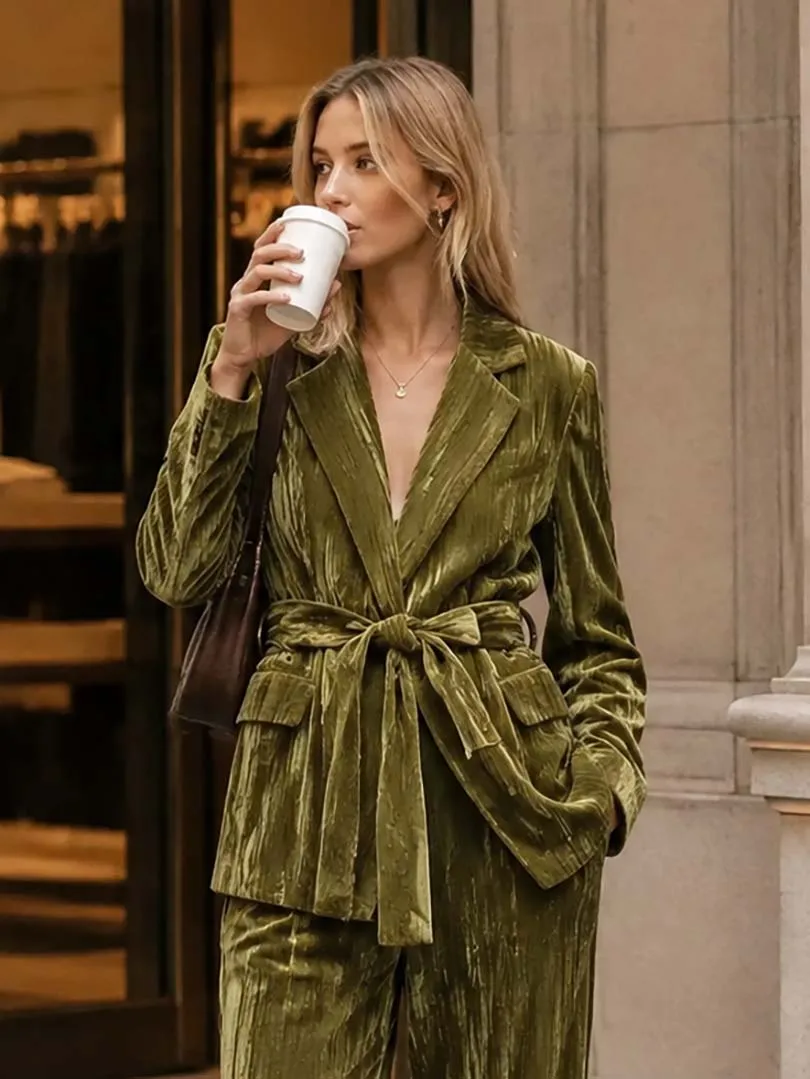 Women Vintage Velvet Blazer Jacket with Belt for Female Spring Autumn Open Stitch Long Sleeves Outerwear