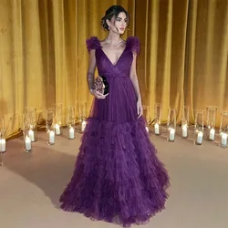 Elegant Purple Tulle Evening Dresses Deep V-Neck Arabic Dubai Women Formal Dress A-Line Evening Gowns 2024