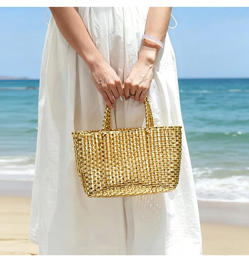 2026 New Fashionable Metallic Handheld Large Capacity Woven Bag Simple and Elegant Women's Seaside Vacation Beach Bag 4
