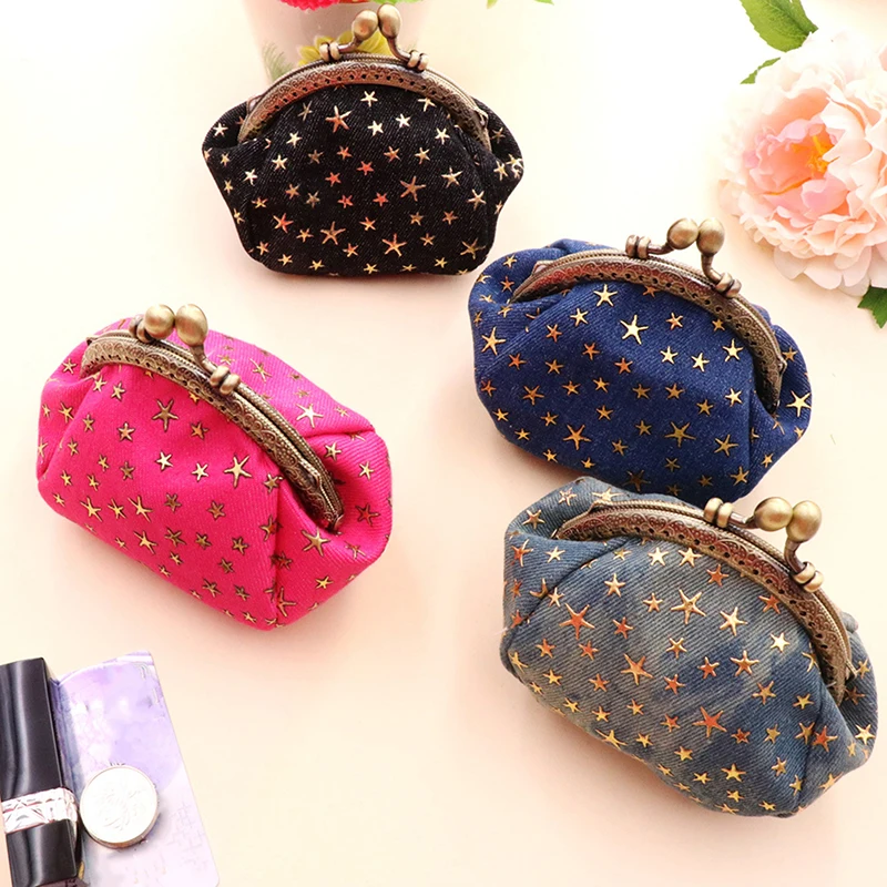 

Denim Fabric Art Zero Wallet Five Point Star Small Money Bag Hand Handle Gold Bag Key Card Bag