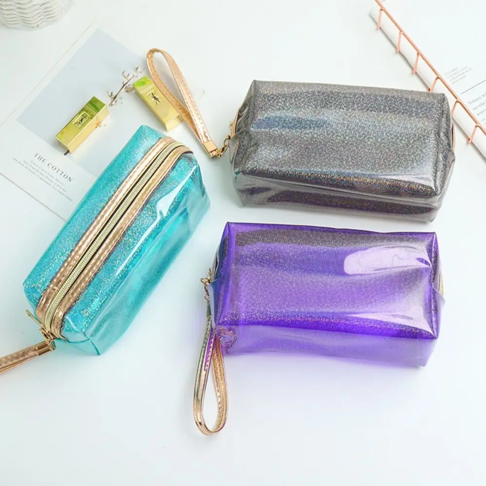 PVC Transparent Zippered Storage Bag with Handle Strap Waterproof Cosmetic Bags Clear Makeup Bag Pouch