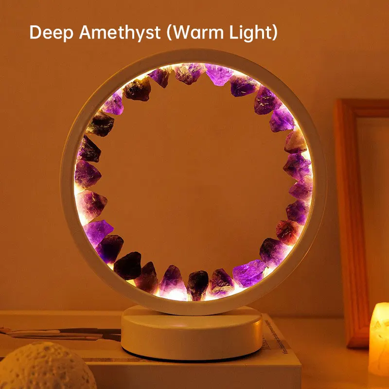 Natural Crystal Annular LED Night Light Bedside Lamp Rechargeable Natural Quartz Stone Amethyst Atmosphere Light Bedroom Deco