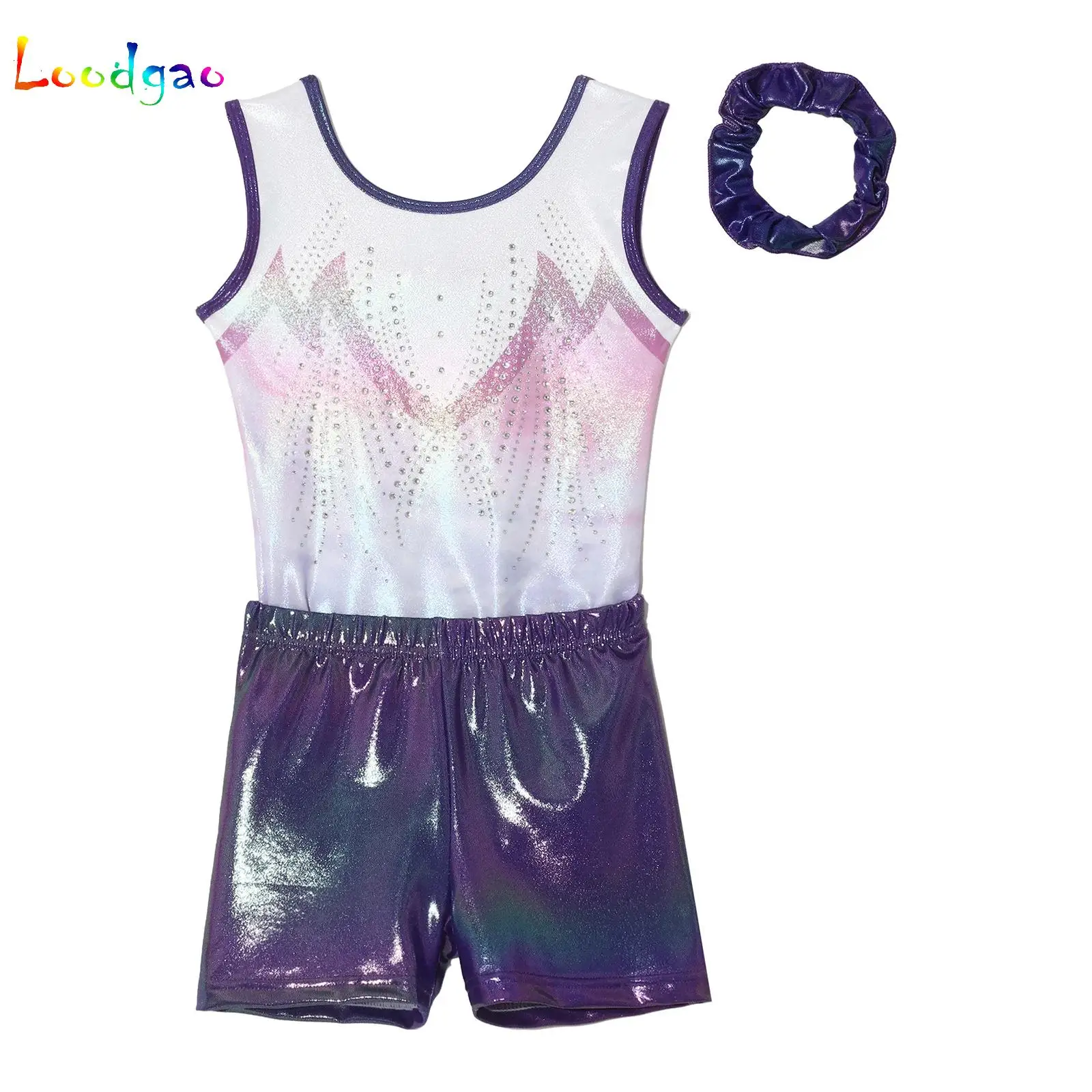 

Kids Girls Children Sleeveless Tank Rhinestones Rhythmic Gymnastics Leotards Shiny Metallic Ballet Leotard with Shots Hairband