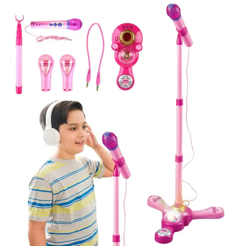 Kids Microphone With Stand Adjustable Microphone Stand for Kids Colorful LED Lights Musical Toys Birthday Gift for Girl Boy