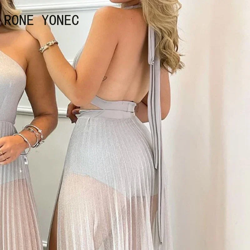 Women Elegant Halter Solid Lace Up Backless Hollow Out Sexy Maxi Summer Beach Vacation Bikini&Dresses