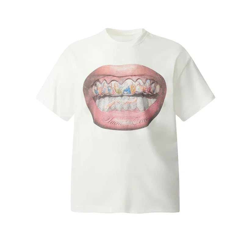 Black White Washed Vintage T-Shirt Lips Teeth Printed Men Women Street Short Sleeve Best Quality Oversized T Shirt Tops