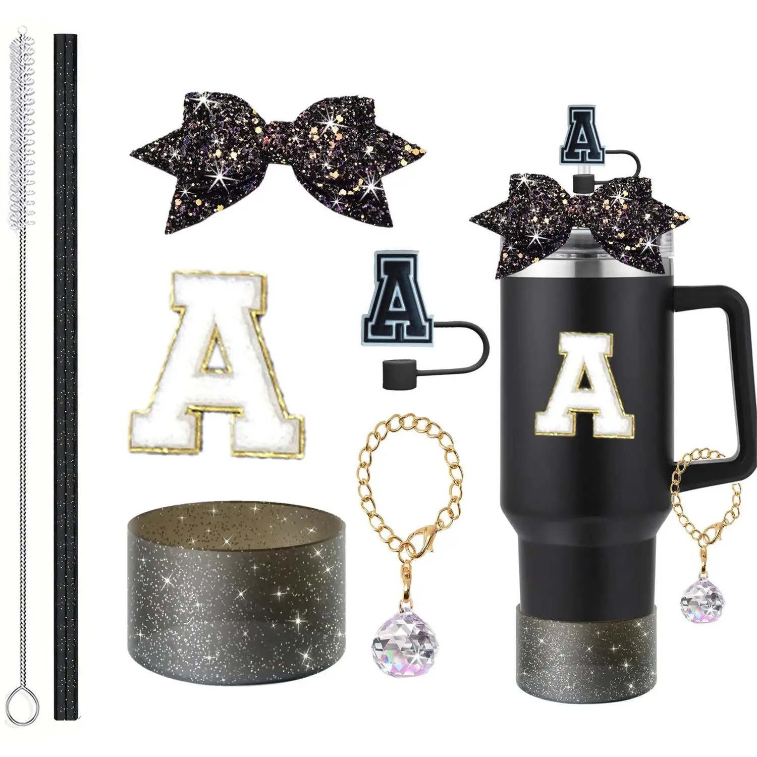 Glitter Patent Leather Letter Straw Caps Decorative Bow Crystal Ball Pendants Cup Chains Accessory for Straw Cups