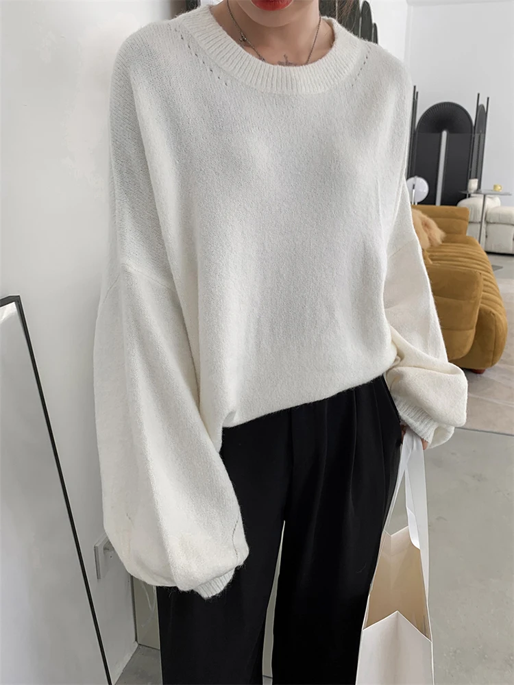 [EAM] Blue Big Size Casual Knitting Sweater Round Neck Long Sleeve Women Pullovers New Fashion Tide Spring Autumn 2024 1DH6451