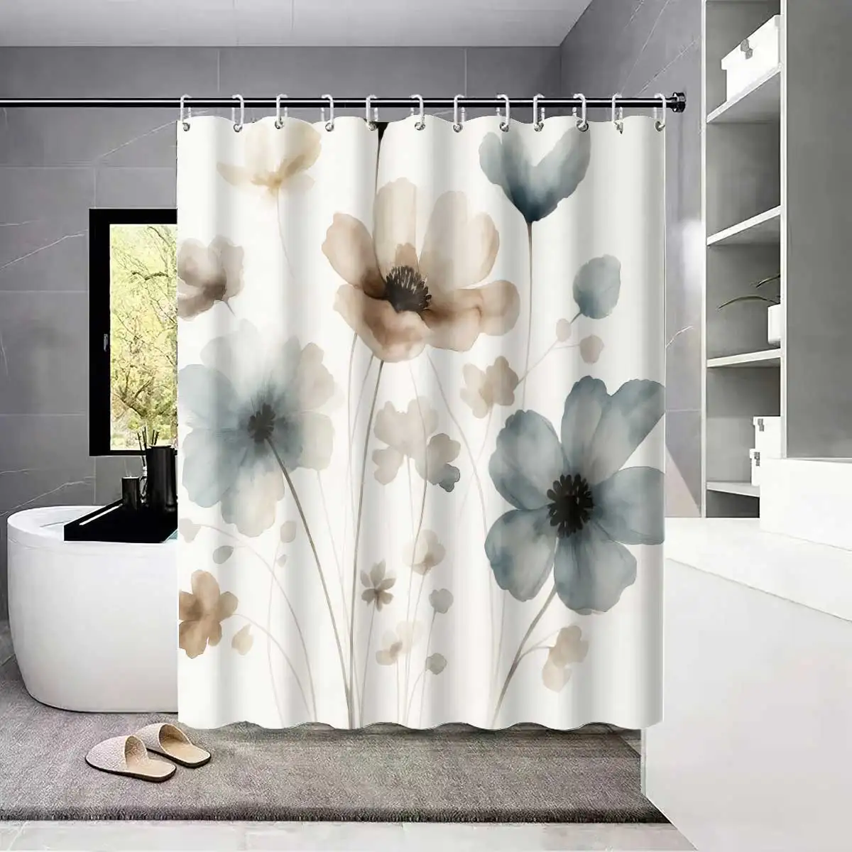 Rideau de douche à imprimé floral gris neutre kaki, imperméable, résistant à la moisissure, avec crochets en plastique, installation facile pour salle de bain