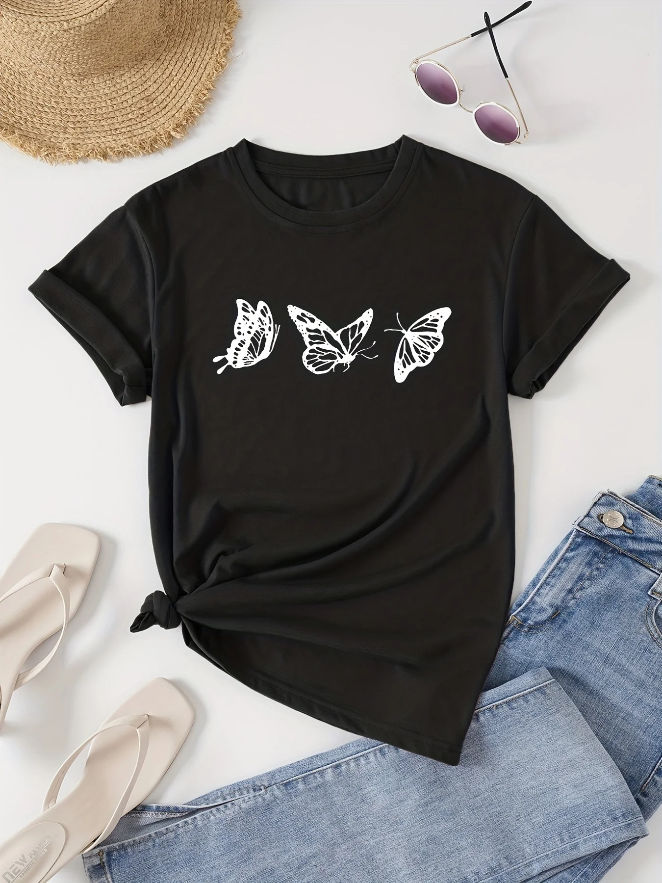 تي شيرت برقبة دائرية مطبوع عليه فراشة، بلوزة كاجوال بأكمام قصيرة للربيع والصيف، ملابس نسائية #1