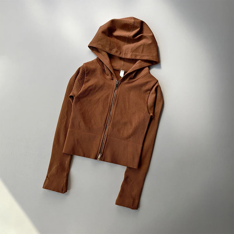 Doppelkapuzen-Sportjacke mit enganliegender Passform für Damen, Lauf-, Trainings- und Yoga-Anzug, langärmelige Reißverschluss-Strickjacke, Pilates-Oberteil. – Detail 9