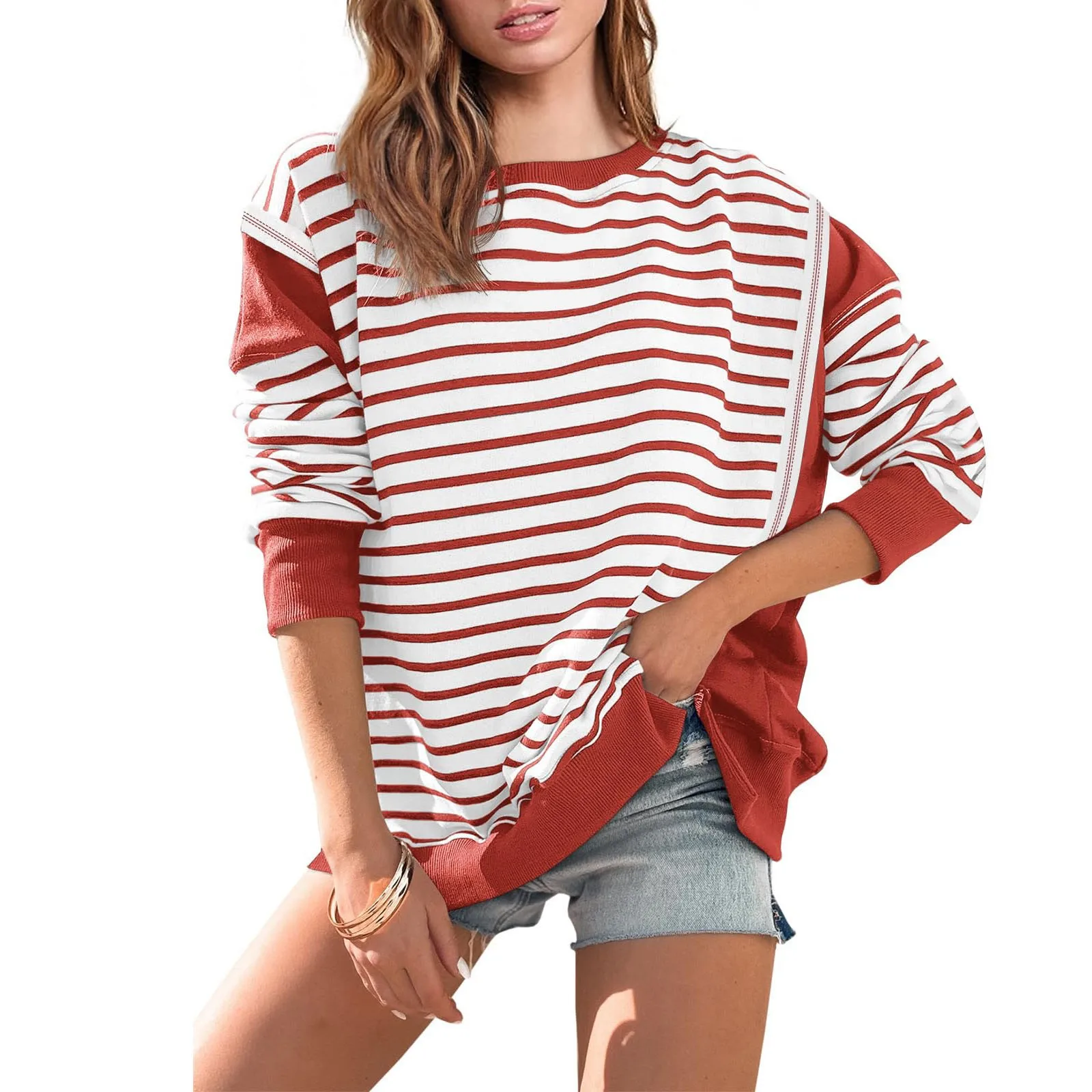 

2024 New Women's Oversized Sweatshirts Round Neck Loose Fit Crewneck Striped Color Block Long Sleeve Casual Fashion Tops