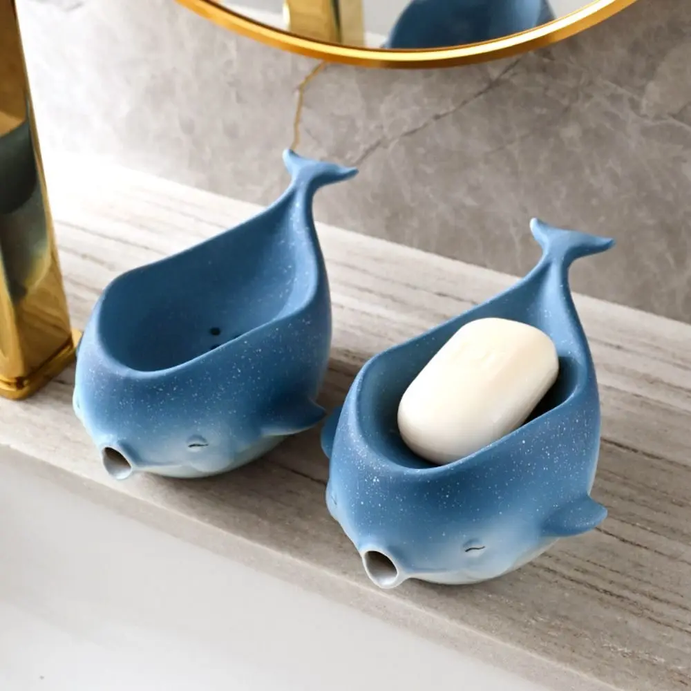 Simple Ceramic Whale Shaped Soap Tray Cute Quick-dry Self Draining Soap Holder Cartoon Multi-purpose Storage Soap Dish Soap Bars