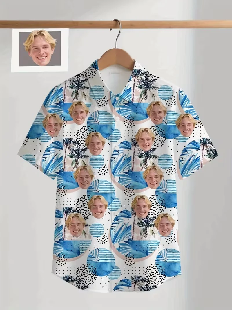 

Summer Vibe Personalized Face Hawaiian Shirt Tropical Palm Banana Print Customized Diy Photo Button Up Lightweight Aloha Shirts