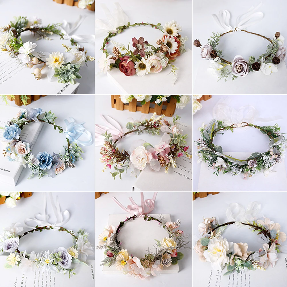 Simulation Wreath Flower Garland Hairband Ribbon Noiva Decor Headband Wedding Parties Bridal Hair Decor Flower Hairband Wreaths