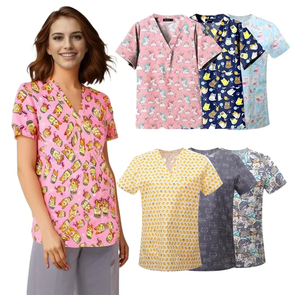 Cartoon Print Women Scrubs Uniform Surgical Top Hospital Doctor Surgery Workwear Dental Clinic Costume Pet Grooming Work Clothes