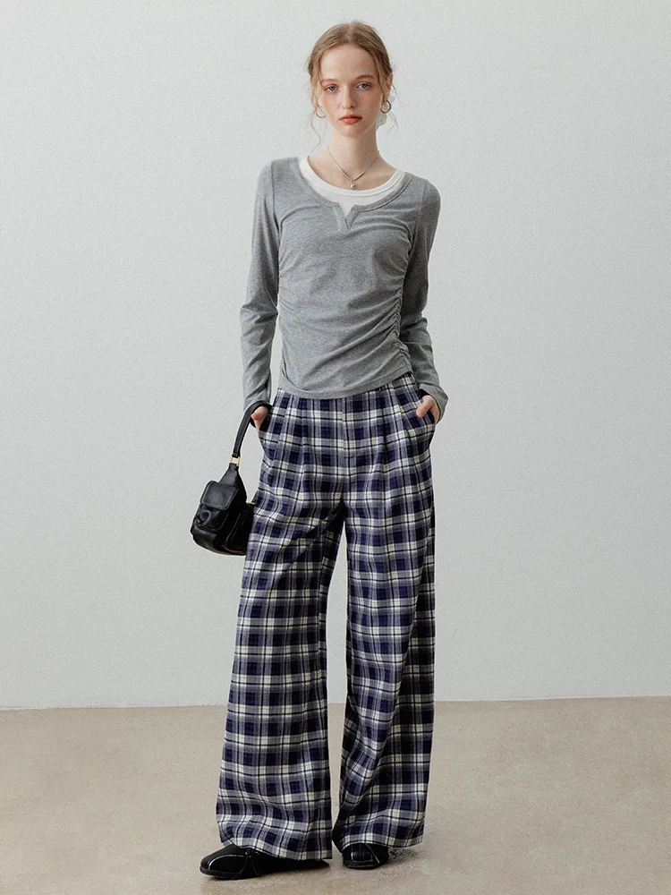 

EGGKA клетчатые повседневные брюки с высокой талией и широкими штанинами, женские осенние новые дизайнерские свободные универсальные брюки из полиэстера, вискозы и спандекса