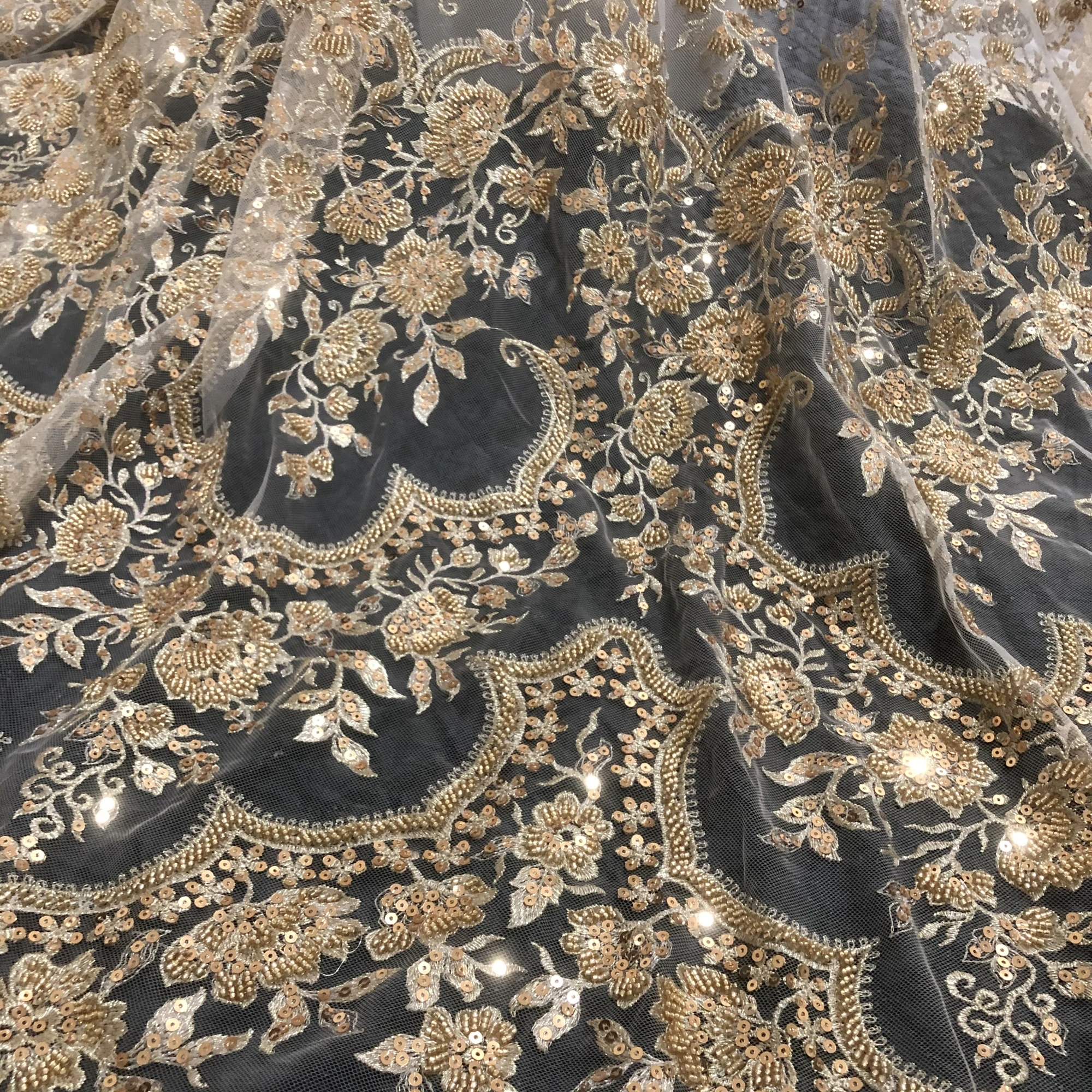 Luxury Gold Sequins High Density Bead Embroidery Custom Evening Dress Performance Lace Fabric