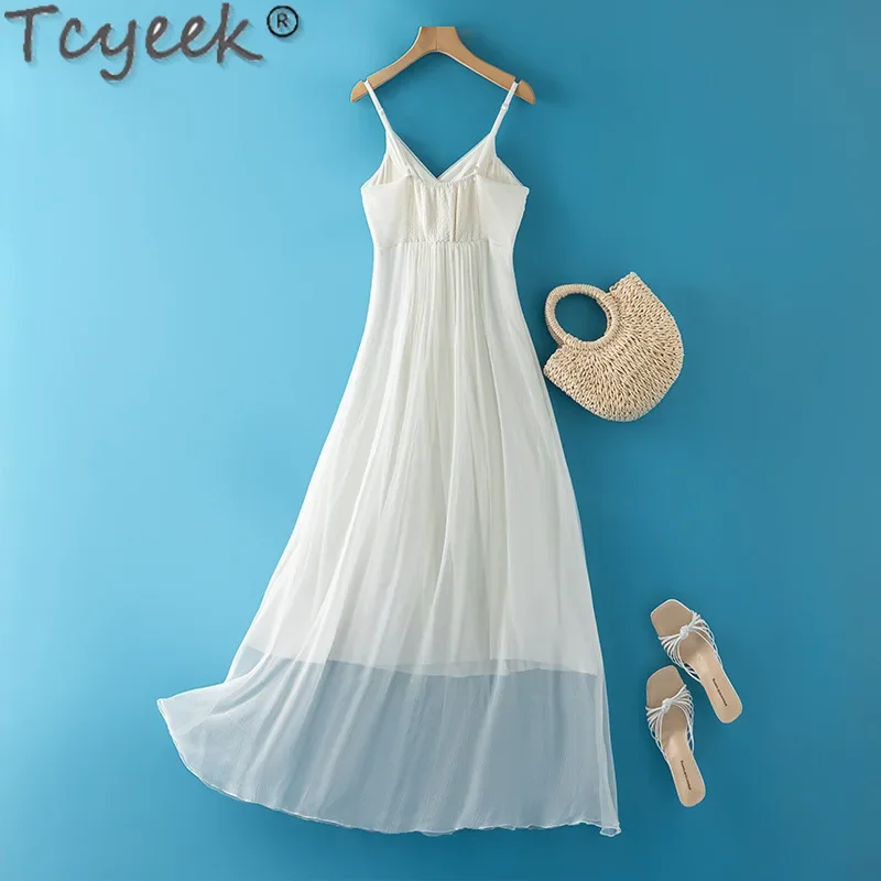 Tcyeek Strandkleid aus 100 % Maulbeere, echte Seide, Sommerkleidung für Damen, 2024, Sling-Boho-Kleid, elegante Damenkleider, Servies Sean =)