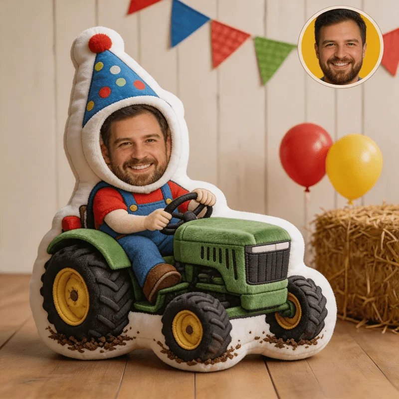 Custom Personalized Photo Face Pillow, Farmer Character Tractor Shaped Decorative Cushion with Double-Sided Printing, 60CM Home