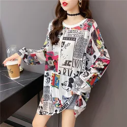 Mickey cartoon printing Black White Mesh Oversized T Shirt Women Summer Transparent  Silk T-shirts for Lady Sun Protection